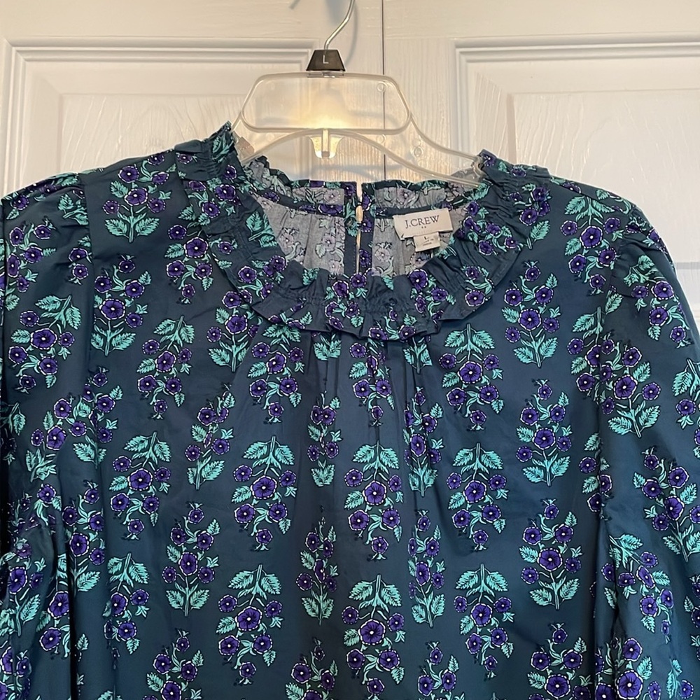 NWT J Crew L floral tunic top teal w purple flowers ruffle crew neck long sleeve - Picture 5 of 7